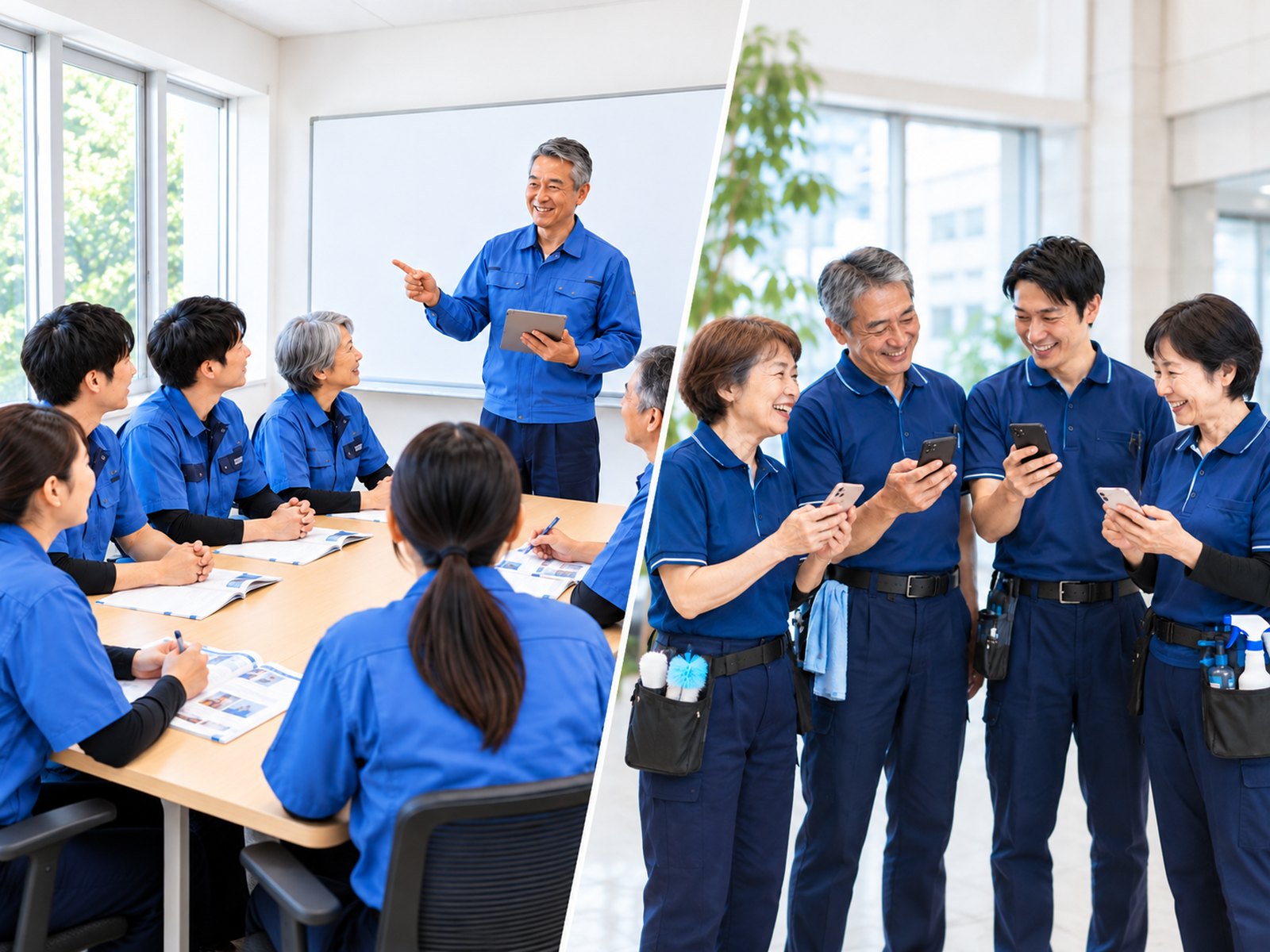 集合研修とスマートフォンで清掃作業従事者研修を受講する清掃スタッフ